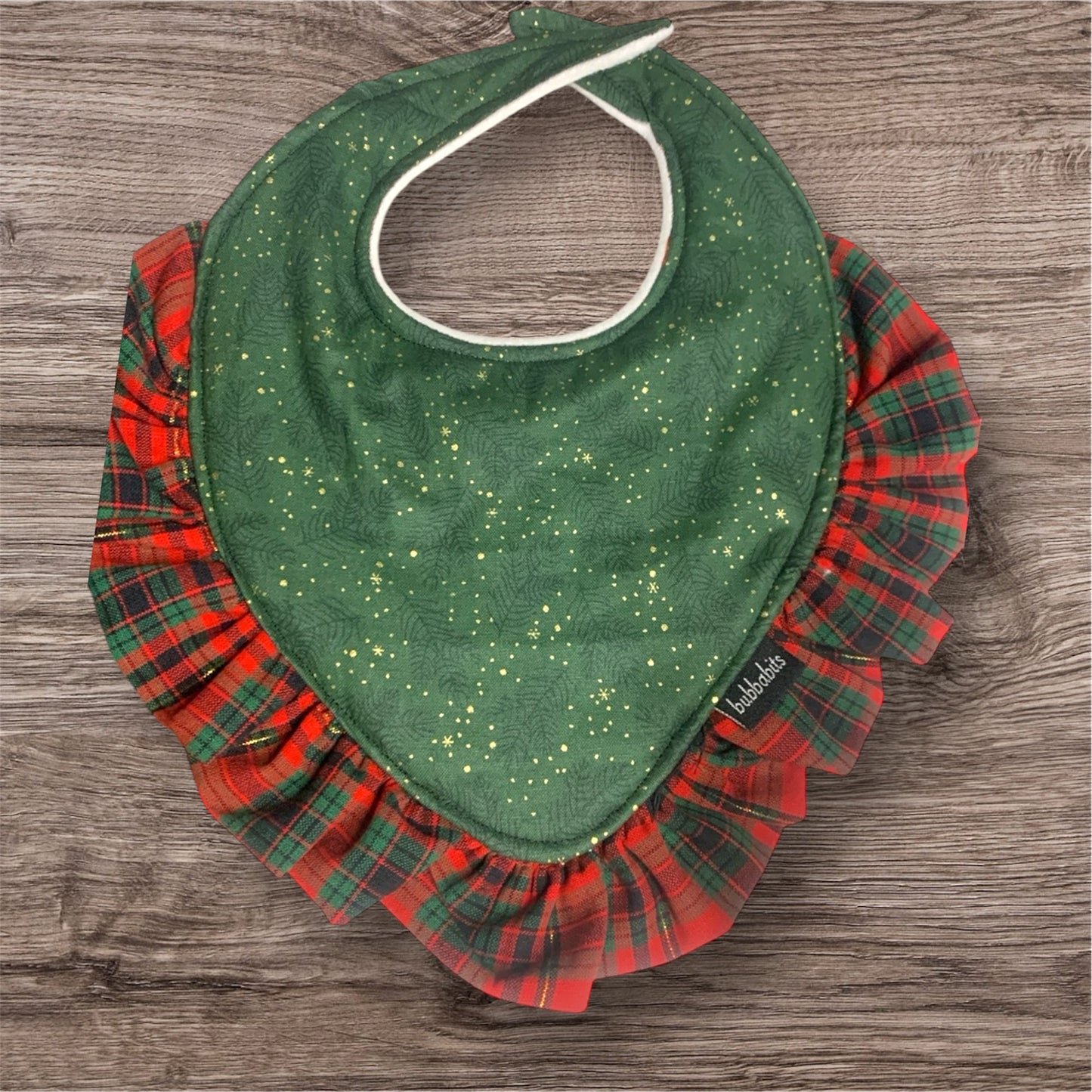 Ruffle Dribble Bib - Christmas green pine trees & Christmas gingham